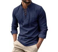 Camicia da uomo in lino, a maniche lunghe, con colletto alto e lacci, per il tempo libero, per l'estate, il tempo libero e la spiaggia, camicia con lacci, costume medievale vichingo da pirata, Blu