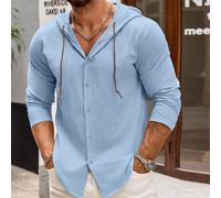 Camicia da uomo in lino con cappuccio, maniche lunghe, morbida e traspirante, aperta davanti, top casual alla moda, adatta per il pendolarismo quotidiano L,M,S,XL,XXLTessuto