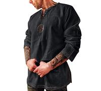 Camicia da uomo in lino, con scollo a collo, in cotone, per il tempo libero, estiva, a maniche lunghe, stile retrò, a maglia, con stampa a maniche lunghe, con scollo a V, slim fit, Nero , L