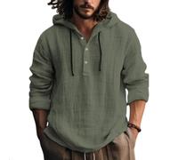 Camicia da Uomo in Lino Estiva Cotone E Lino Magliette con Bottoni Comode Elegante Leggera Felpe con Cappuccio Maniche Lunghe Taglie Forti Camicia con Coulisse Traspirante Spiaggia Henley Shirts