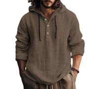 Camicia da Uomo in Lino Estiva Cotone E Lino Magliette con Bottoni Comode Elegante Leggera Felpe con Cappuccio Maniche Lunghe Taglie Forti Camicia con Coulisse Traspirante Spiaggia Henley Shirts