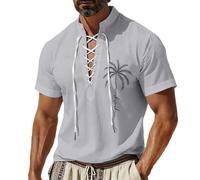 Camicia da uomo in lino, stile pirata, a maniche corte, estiva, stile vichingo, vintage, classica, per il tempo libero, vestibilità regolare, per lavoro, spiaggia, tempo libero, O grigio., XL