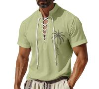 Camicia da uomo in lino, stile pirata, a maniche corte, estiva, stile vichingo, vintage, classica, per il tempo libero, vestibilità regolare, per lavoro, spiaggia, tempo libero, O verde, L