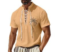 Camicia da uomo in lino, stile pirata, a maniche corte, estiva, stile vichingo, vintage, classica, per il tempo libero, vestibilità regolare, per lavoro, spiaggia, tempo libero, O kaki, M