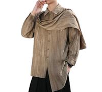 Camicia da uomo in misto lino a maniche lunghe patchwork colletto alto solido giapponese retrò streetwear taglio ampio tempo libero, cachi, S