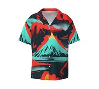 Camicia da uomo in poliestere con stampa vulcano Bloom Camicia a maniche corte abbottonate estive da spiaggia, nero, L