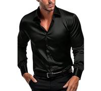 Camicia da uomo in raso, a maniche lunghe, tinta unita, effetto seta lucida, con bottoni, polsino elastico, vestibilità comoda, Nero , M