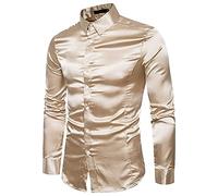 Camicia da uomo in raso con motivo cachemire, vestibilità regolare, in seta, casual, a maniche lunghe, per danza e feste, con bottoni, camicia di lusso (kaki, S)