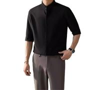 Camicia da Uomo in Raso di Seta A Maniche Corte, alla Moda, con Doppia Abbottonatura E Bottoni Nascosti, Colletto alla Coreana, Non Stirabile, Casual, Estiva, per Matrimonio, Lavoro E Vacanza, Nero