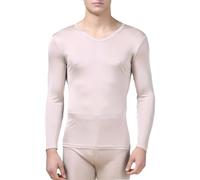 Camicia da uomo in seta a maniche lunghe, biancheria intima termica con scollo a V, in seta di gelso, strato di base, camicetta, Nude, S