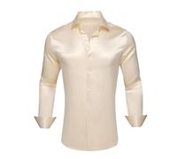 Camicia da uomo in seta a maniche lunghe in raso di seta tinta unita camicie casual, Beige, M