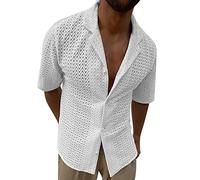 Camicia da uomo in seta casual, tinta unita, slim fit, basic, a maniche corte, colletto rovesciato, bottoni, chiusura a bottoni, camicia estiva per ragazzi a maniche corte, bianco, L