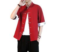 Camicia da uomo in stile cinese Crossover Camicia Nodo Pulsante Camicia Lino Solido Tradizionale Cotone, Rosso 1, XXL