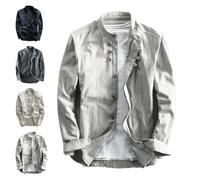 Camicia da uomo in stile giapponese Katana, camicia da uomo in cotone e lino con colletto in piedi, camicia a doppio petto, camicie con colletto cinese per uomo, grigio, L