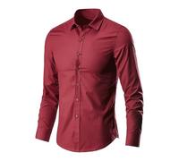 Camicia da uomo in tinta unita, a maniche lunghe, per il tempo libero, per il lavoro, elastica, non necessita di stiratura, senza pieghe, con tasca sul petto, R rosso., L