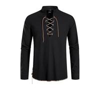 Camicia da uomo medievale da pirata, stile retrò, a maniche corte, in lino, con lacci, in cotone, per il tempo libero, estiva, per Halloween, Henley, O nero., XL
