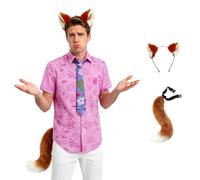 Camicia da uomo Nick Wilde con cravatta in peluche con coda di orecchie e maglietta stampata hawaiana per Halloween, carnevale, eventi, volpe, rosa, S