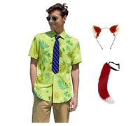 Camicia da uomo Nick Wilde con cravatta in peluche con coda di orecchie e maglietta stampata hawaiana per Halloween, carnevale, eventi, volpe, verde, 2XL