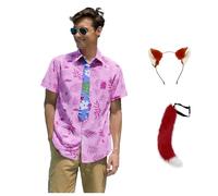 Camicia da uomo Nick Wilde con cravatta in peluche con coda di orecchie e maglietta stampata hawaiana per Halloween, carnevale, eventi, volpe, rosa, L