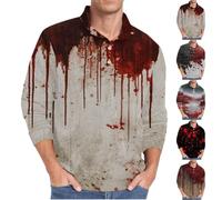 Camicia da uomo per Halloween, camicia a nido d'ape, a maniche lunghe, divertente, con tasche di sangue, colletto spaventoso, divertente maglietta per feste horror, felpa senza cappuccio, Nero , M