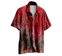 Camicia da uomo per Halloween, con stampa 3D, per il tempo libero, con bottoni, a maniche corte, da uomo, con schizzi di sangue, con teschio, a maniche corte, da uomo, basic rever, F01 rosso mattone