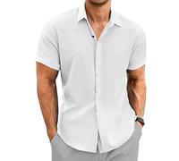 Camicia da Uomo per Uscire, Camicia da Uomo a Maniche Corte in Lino, Casual Leggera per la Spiaggia e L'Estate, Bianca, Taglia XXL