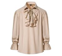 Camicia da uomo retrò rinascimentale steampunk vittoriana a maniche lunghe con colletto jabot medievale pirata allacciata top, cachi, L