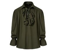 Camicia da uomo retrò rinascimentale steampunk vittoriana a maniche lunghe con colletto jabot medievale pirata allacciata, Verde militare, L
