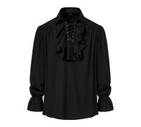 Camicia da uomo retrò rinascimentale steampunk vittoriano manica lunga colletto jabot pirata medievale pizzo top, Nero , XL