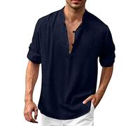 Camicia da uomo senza colletto Henley in cotone a maniche lunghe T-shirt con bottoni top elegante casual camicie estive leggere comode girocollo magliette da spiaggia con colletto a fascia Top base
