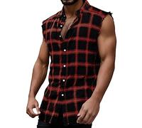 Camicia da uomo senza maniche a quadri, con bottoni, per il tempo libero, con polsini strappati, vestibilità normale, a quadri, in cotone, senza maniche, da uomo, Colore: rosso, M