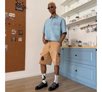Camicia da uomo stile street casual in denim blu a righe con ricamo a maniche corte 2XL,3XL,4XL,5XL,6XLLettere,A strisceDenim
