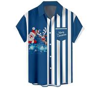 Camicia da uomo vintage da poker bowling anni '50 retrò a maniche corte abbottonatura camicie hawaiane, Natale-blu Babbo Natale, M