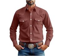 Camicia da uomo, vintage, estiva, per il tempo libero, taglie grandi, tinta unita, a maniche lunghe, per il tempo libero, estiva, con tasca sul petto, vestibilità normale, con risvolto bottone, Vino