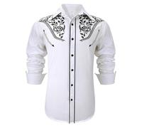 Camicia da uomo Western Cowboy, con colletto rovesciato, camicia da uomo, per il tempo libero, vintage, a maniche lunghe, per feste, club, vestibilità normale, per il tempo libero, alla moda, O bianco