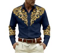 Camicia da uomo Western Cowboy, stile rustico, camicia western vintage, boho, a maniche lunghe, vestibilità normale, con bottoni, tradizionale, etnica, estiva, outdoor, patchwork, Q blu navy, S