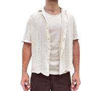 Camicia da uomo Y2K all'uncinetto a rete a maniche lunghe vintage scava fuori maglia vedere attraverso camicia estiva abbottonata camicie da spiaggia camicie casual leggere traspiranti in poliestere S