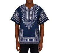 Camicia Dashiki a Maniche Lunghe con Bottoni Taglia Grande Camicia Dashiki Africana Stile Tradizionale con Stampa Floreale Tribali Colorati Abbigliamento Classico Estate Festival, Marino, XXL