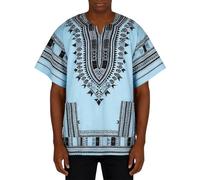Camicia Dashiki a Maniche Lunghe con Bottoni Taglia Grande Camicia Dashiki Africana Stile Tradizionale con Stampa Floreale Tribali Colorati Abbigliamento Classico Estate Festival, Blu chiaro, M