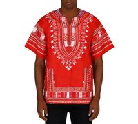 Camicia Dashiki a Maniche Lunghe con Bottoni Taglia Grande Camicia Dashiki Africana Stile Tradizionale con Stampa Floreale Tribali Colorati Abbigliamento Classico Estate Festival, rosso, XXL