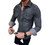 Camicia di Jeans A Maniche Lunghe da Uomo Slim Fit Camicia Casual con Bottoni A Pressione Taschino con Risvolto