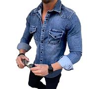 Camicia di Jeans A Maniche Lunghe da Uomo Slim Fit Camicia Casual con Bottoni A Pressione Taschino con Risvolto