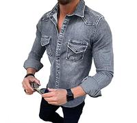 Camicia di Jeans A Maniche Lunghe da Uomo Slim Fit Camicia Casual con Bottoni A Pressione Taschino con Risvolto