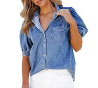 Camicia di Jeans Donna,Blusa Donna Elegante Curvy Scollo A V Lanterna Maniche Corte Bottoni Camicetta Larga Casual Tinta Unita con Tasche Morbida in Denim Camicie