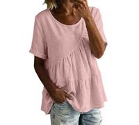 Camicia di lino bianca, a maniche corte, da donna, oversize, a maniche corte, girocollo, per il tempo libero, camicetta in lino con balze, per il tempo libero, estiva, Colore: rosa., XL