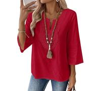 Camicia di lino da donna estiva con ricamo in lino tunica top retrò manica 3/4 camicetta boho casual vestibilità ampia camicia fluida leggera estiva spiaggia camicetta per vacanze ufficio, D-rosso