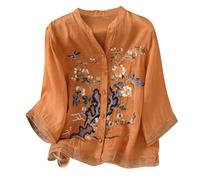 Camicia di Lino Donna Coreana Camicette Maniche Corte Cotton con Bottoni Maglietta Oversize Leggera Girocollo Tinta Unita T Shirt Estiva Casual Bianca Camicetta Elegante Marrone da Spiaggia