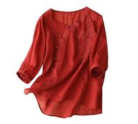 Camicia di Lino Donna Maniche Lunghe Lunga Corte Maglietta a Maniche Corte da Donna in Cotone e Lino Ampia Dimagrante con Copertura della Pancia in Camicia (Red XXL)