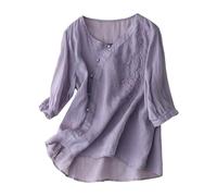 Camicia di Lino Donna Maniche Lunghe Lunga Corte Maglietta a Maniche Corte da Donna in Cotone e Lino Ampia Dimagrante con Copertura della Pancia in Camicia (Purple M)