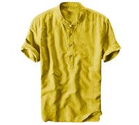 Camicia di Lino Uomo Camicie Estate Solido Traspirante Manica Corta Spiaggia Scollo a V Camicetta con Tasca Casual Top Henley Vintage Chic Regular Fit T Shirt Estate Tinta unita Camicia Leger, giallo